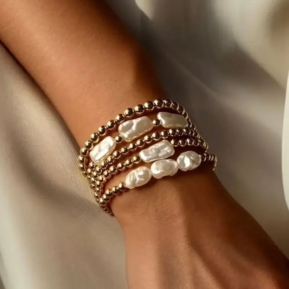Elegant Gold Beaded Faux Pearl Bracelet Set ~ 5 Pieces